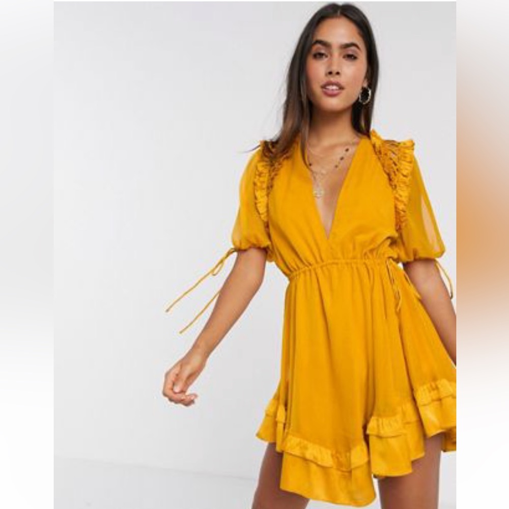 ASOS DESIGN mini dress with satin trim ruffle and tie detail yellow size 12